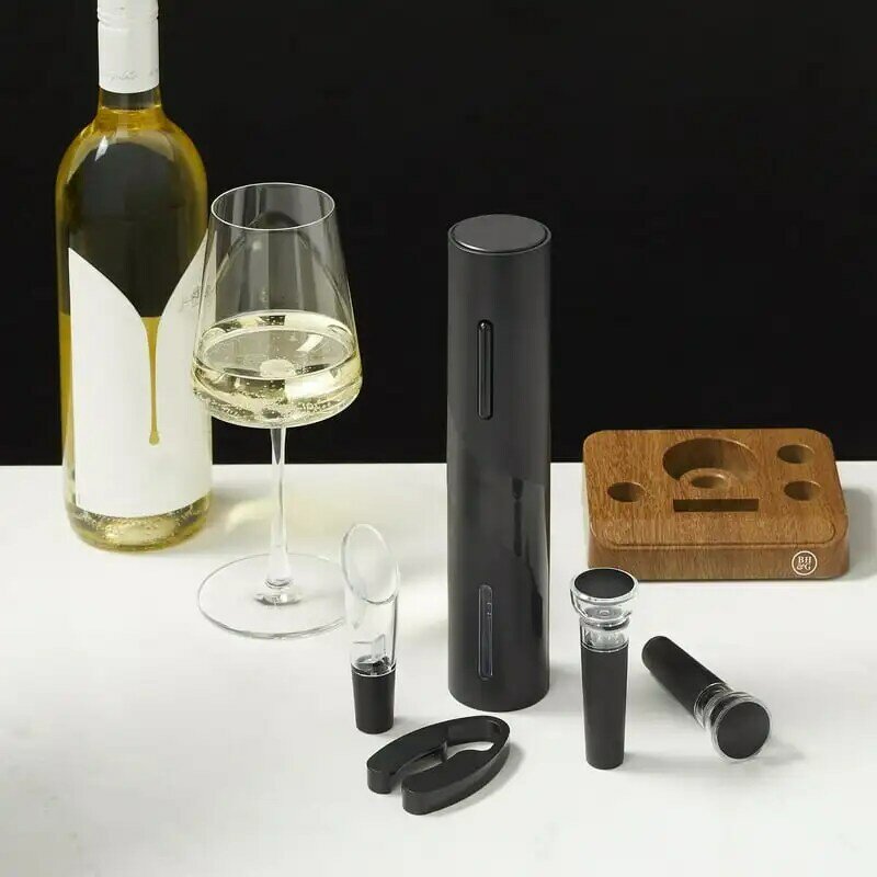 6-częściowy zestaw elektrycznych otwieraczy do wina na baterie z drewnianą podstawą