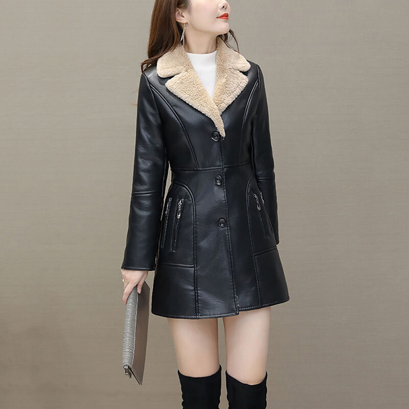Mantel Katun Kulit PU Tebal Beludru Plus Jaket Kulit Hangat Mode Ukuran Besar Kerah Setelan Panjang Wanita
