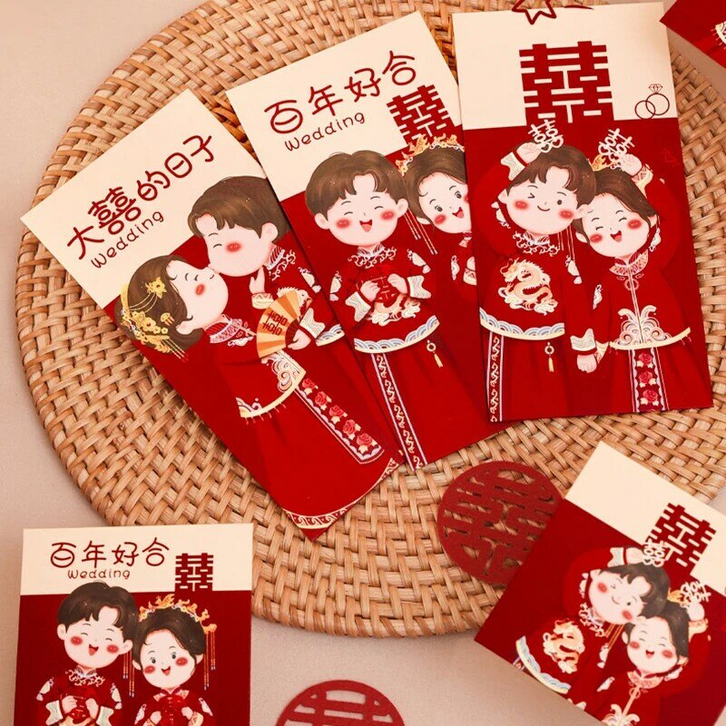 Enveloppe rouge traditionnelle chinoise pour mariage, paquets d'argent porte-bonheur, paquet de bénédiction, cadeaux de mariage 14-bao, 6 pièces