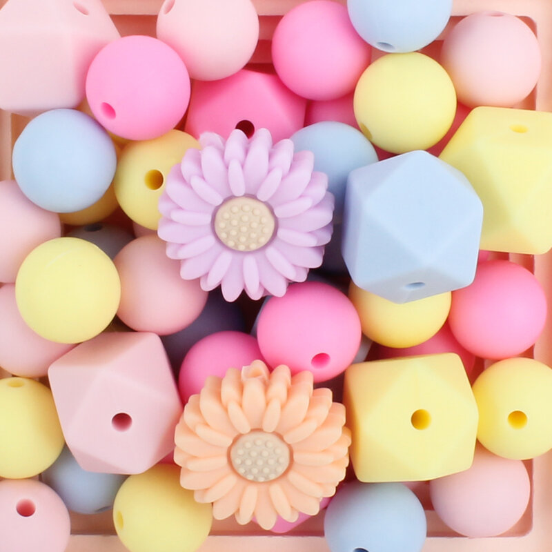 50Pcs/Set Silicone Beads Pacifier Chain clips set flower hexagon Shape Teething Beads DIY Baby Nipple holder Chain Accessories