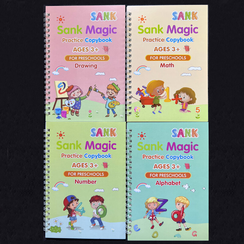 Afundou Magic Practice Copybook Pen para crianças pré-escolares, Caligrafia, Livro de Escrita Reutilizável, Versão em Inglês, Free Wiping, Crianças, 4pcs