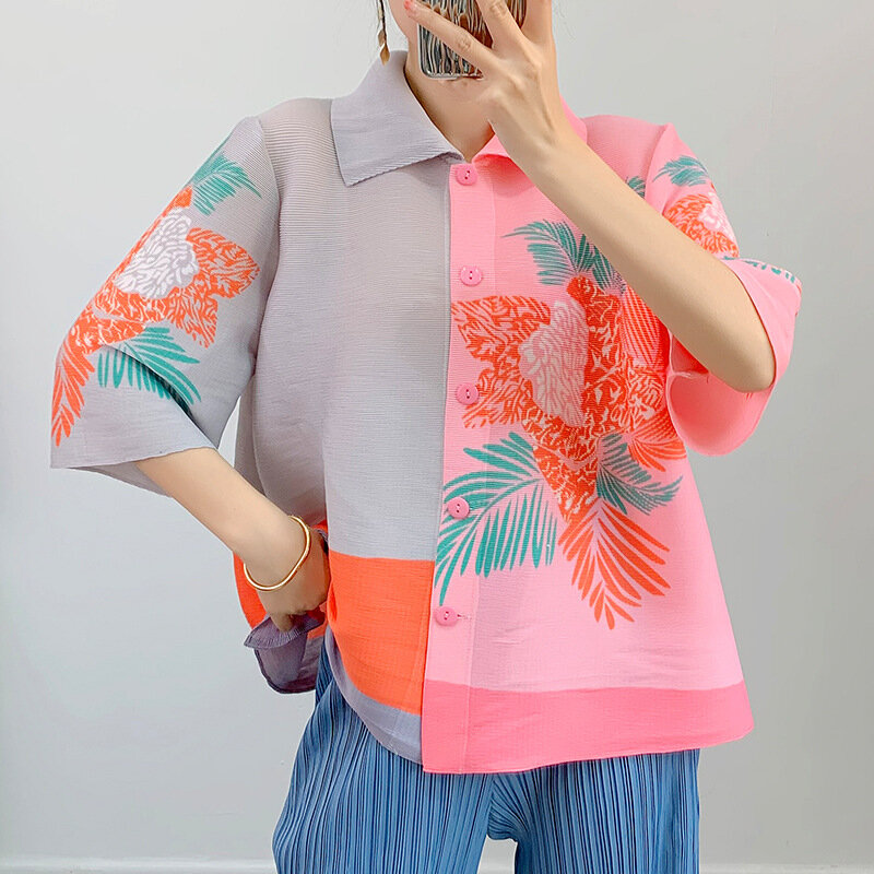 Женская плиссированная куртка Miyake, однобортная свободная эластичная куртка с отложным воротником и принтом в этническом стиле, весна 2023