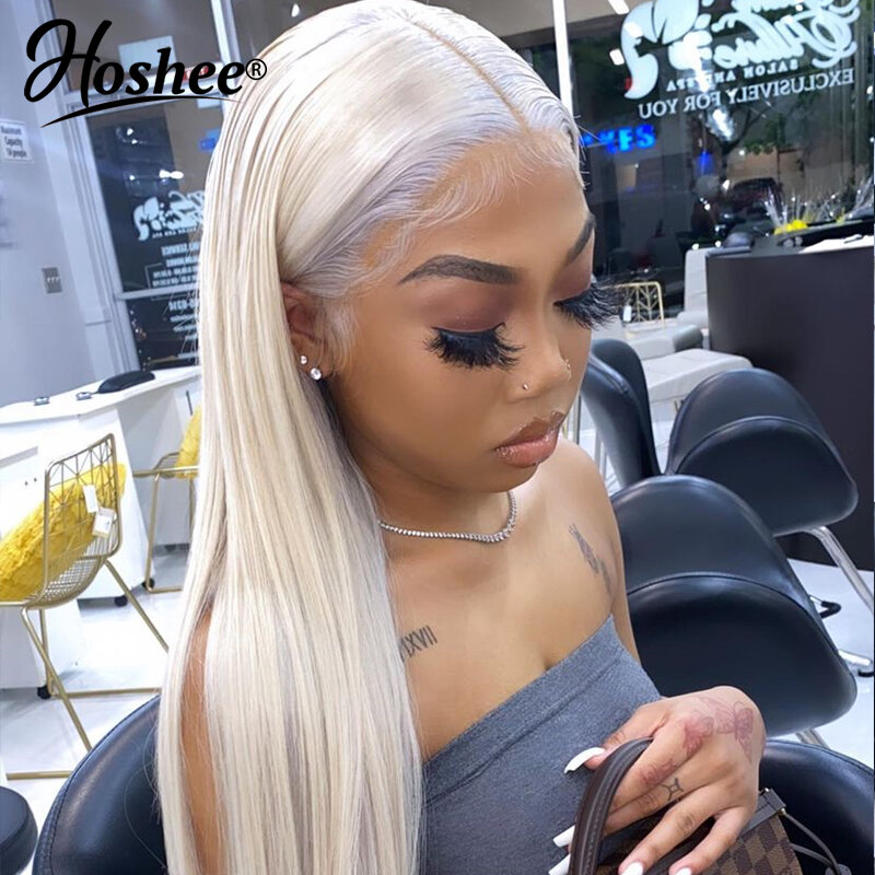 White Human Hair Straight Platinum Blonde Colored Lace Front Wig T Part  HD Transparent Frontal Wigs Brazilian On Sale For Woman