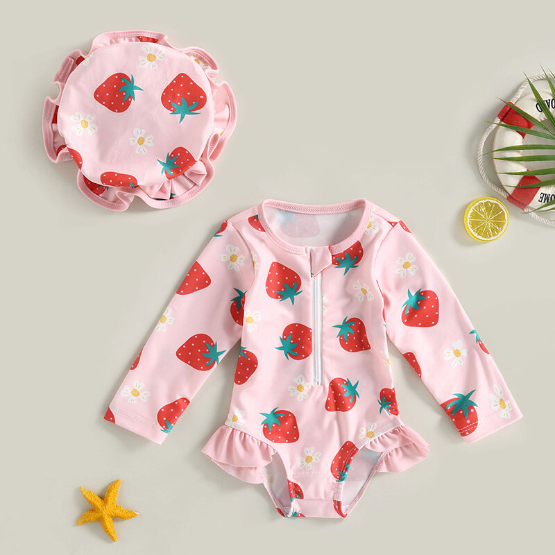 VISgogo Toddler Girl Rash Guard Swimsuit Set Summer Long Sleeve Strawberry Print Bathing Suit + Sun Hat Infant Newborn Swimwear