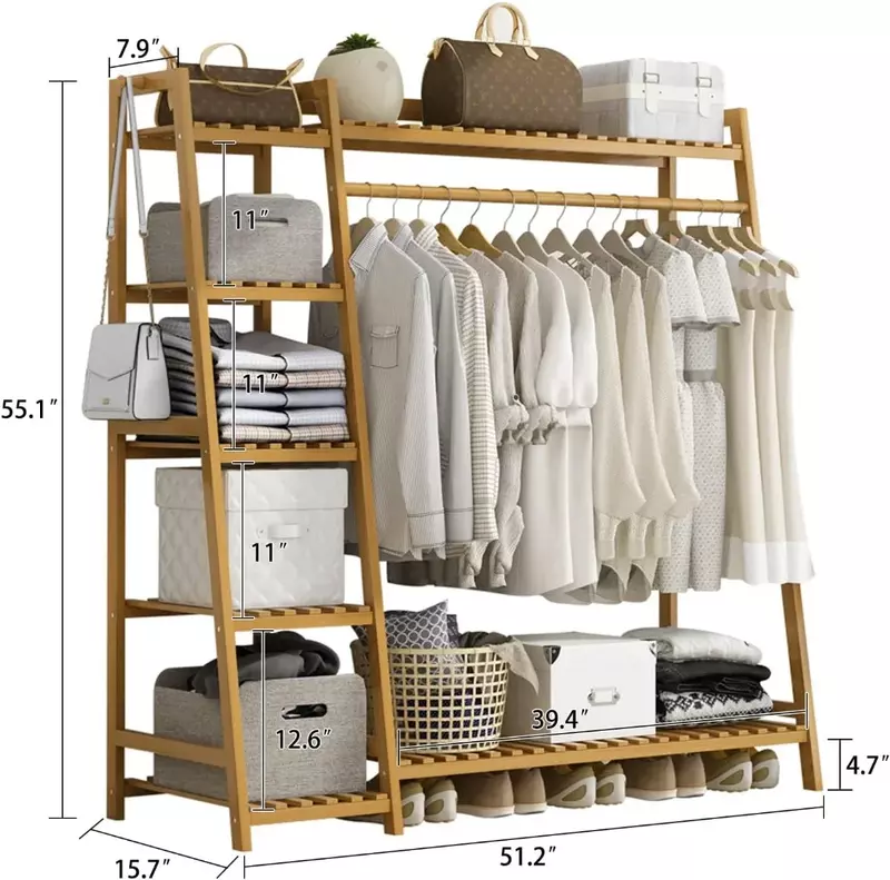 Perchero de bambú para ropa, estante de almacenamiento de 7 niveles, organizador de armario portátil de alta resistencia con