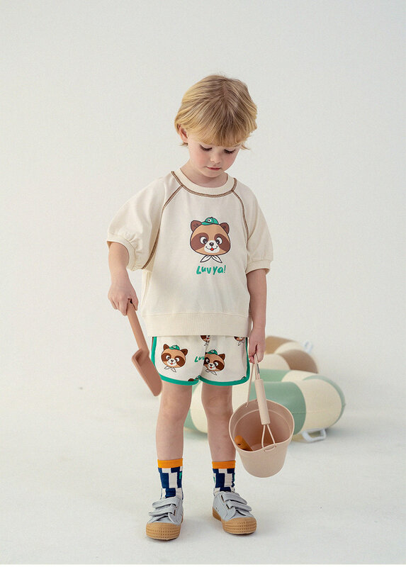 Jenny&Dave Spot 23 summer new children's casual pants, small and medium-sized children, boys and girls, cartoon raccoon letters,
