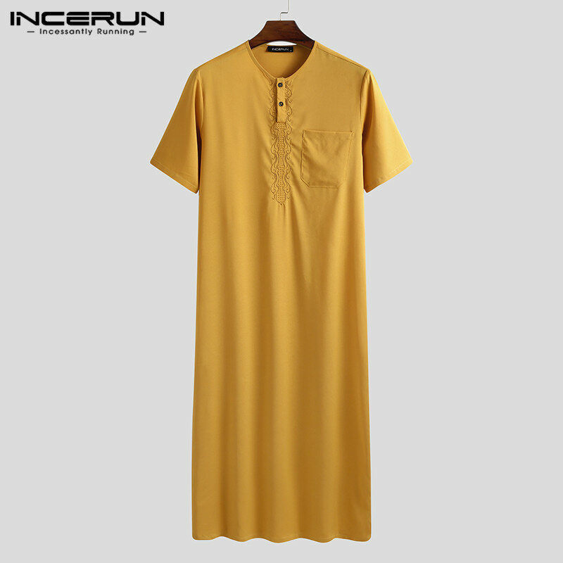 INCERUN Men Fashion Long Robes Short Sleeve Round Neck Robe Man Vintage Solid Color Muslim Kaftan Long Shirts Casual Jubba Thobe