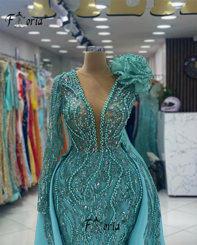 Vestidos De Festa Dubai Pearls Beaded Evening Wedding Dress with Overskirt Green Mermaid Formal Party Gown African Woman Robes