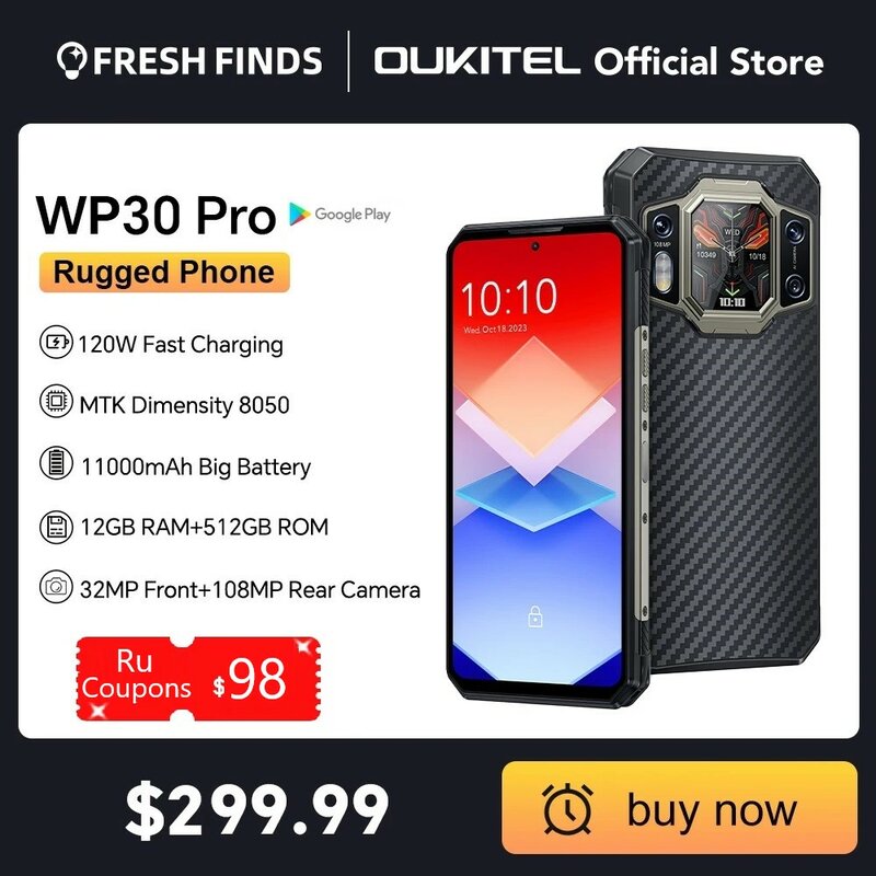 Oukitel WP30 Pro 120W 5G Smartphone robusto android 13 12GB + 512GB 11000 mAh 6.78 "FHD + cellulare 108MP cellulare globale