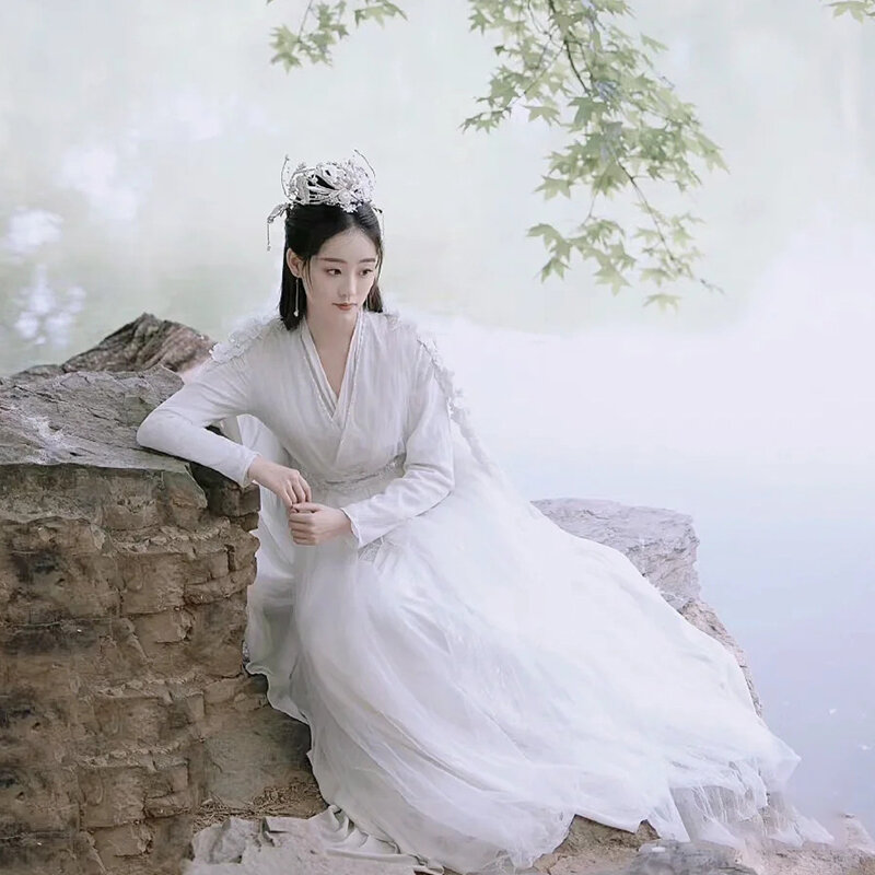 Традиционный костюм Hanfu, белое классическое танцевальное антикварное платье
