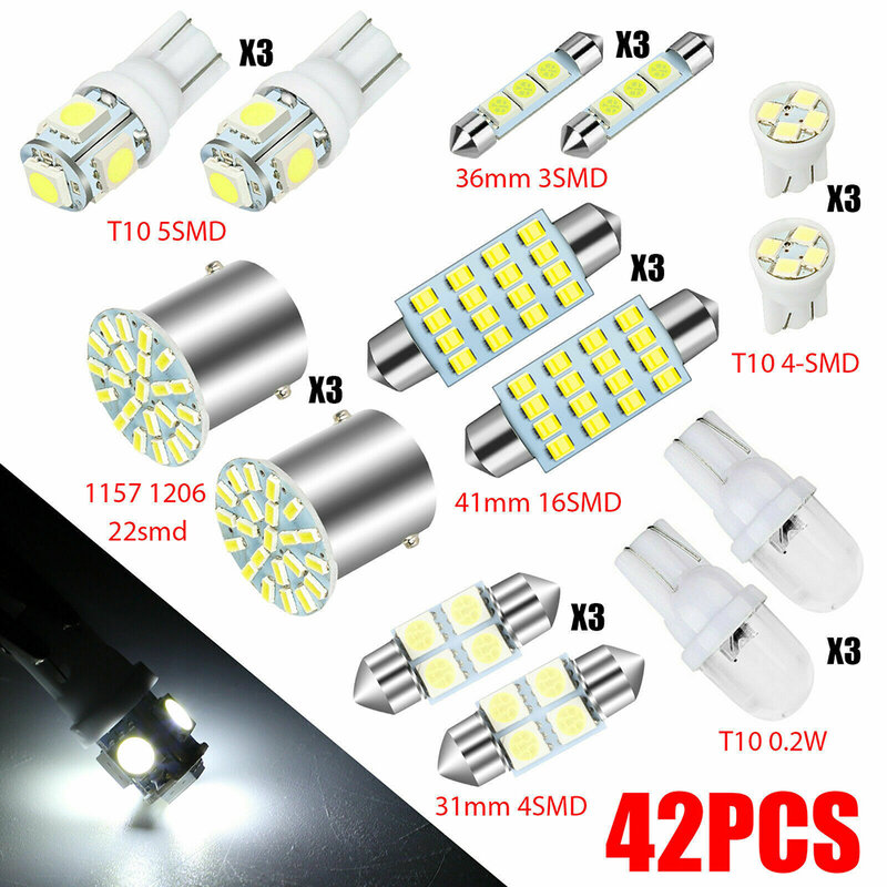 Lâmpada LED placa para carro, kit de luz branca, substituição para Trunk Footwell, cúpula e mapa, 31mm, 36mm, 41mm, 1157 T10, 42PCs