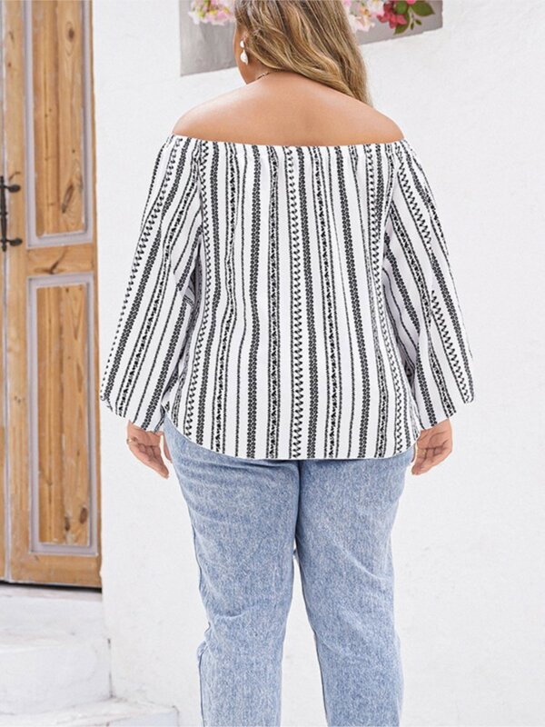 Plus Size Spring Striped Floral Print Tops Women Loose Casual Fashion Off Shoulder Ladies Cropped Blouses Long Sleeve Woman Tops