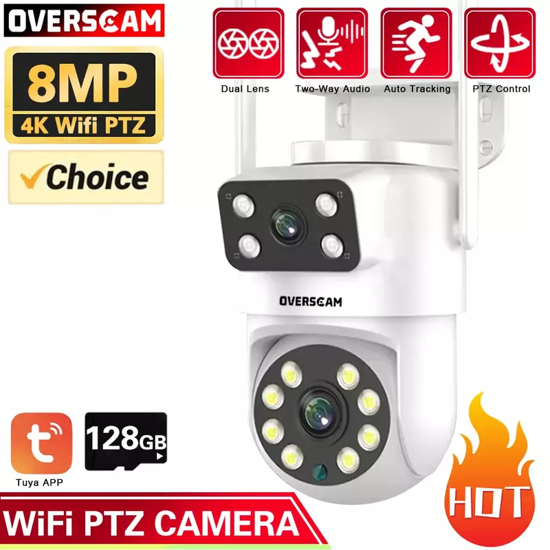 Tuya Smart Life kamera keamanan 4K 8MP, lensa ganda PTZ WIIF layar ganda pelacakan otomatis manusia luar ruangan 4MP kamera pengawasan