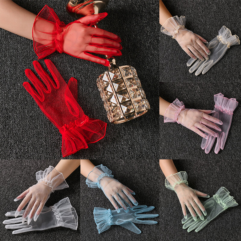 Damskie krótkie tiulowe rękawiczki seksowne koronkowe rękawiczki tiulowe pełne rękawiczki Lady rękawice do jazdy przezroczyste rękawiczki ślubne rękawiczki ślubne