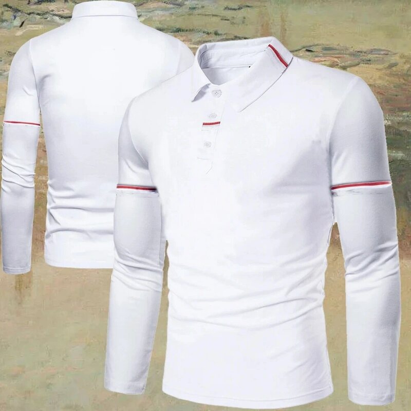 New Fashion Solid Color Mens Polo Shirt Ribbon Decoration Long Sleeved Casual Tops Clothing