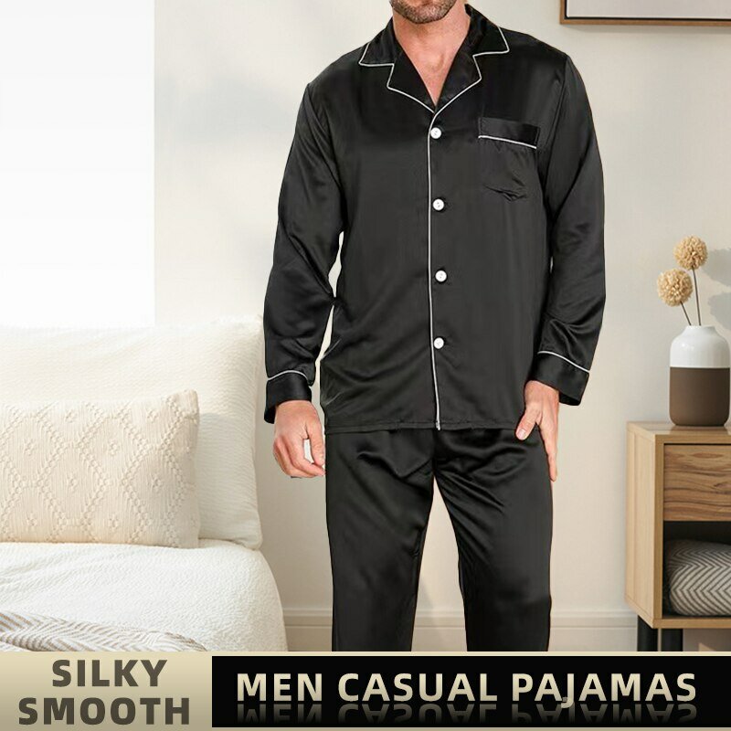 Piyama sutra es untuk pria, set baju tidur hitam biru L XXL 3XL 4XL lengan panjang celana panjang halus warna polos