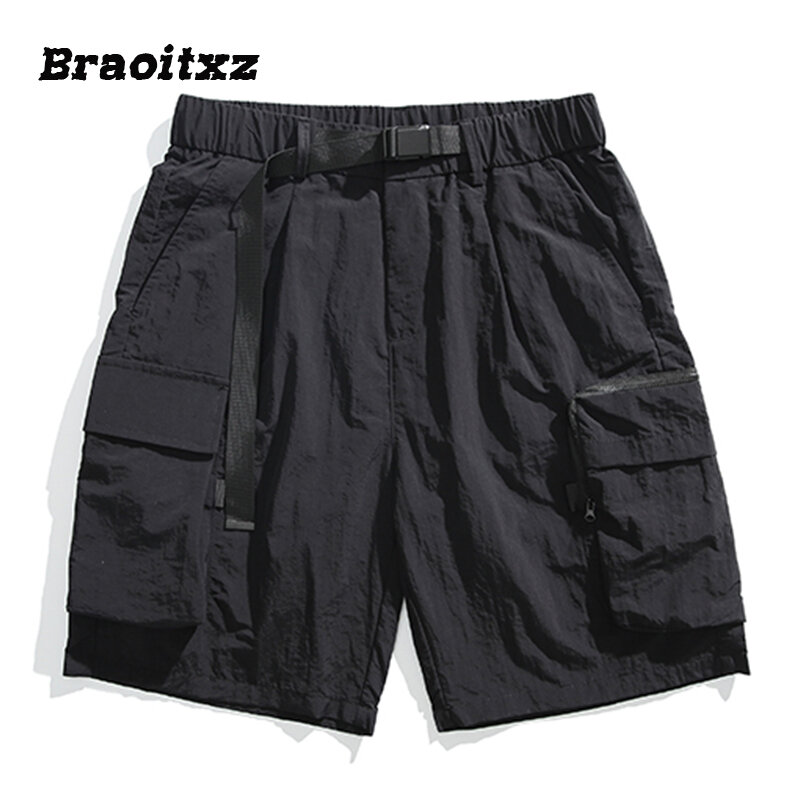 Pantalones cortos deportivos para hombre, Shorts informales, transpirables, a la moda, con cinturón, Color sólido