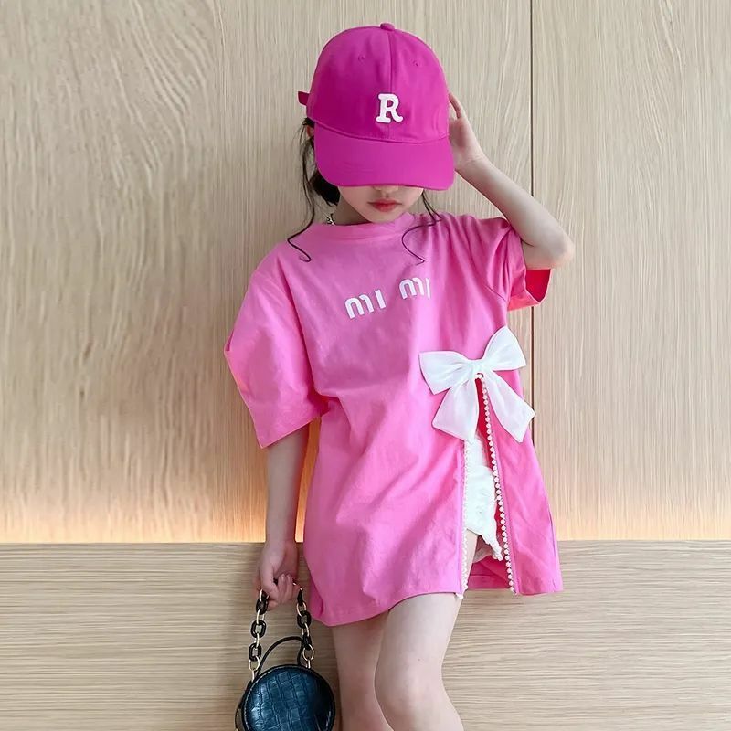Girls Outfits T-Shirts Teenager Bow T-shirt Mid-length Slit Korean Style Trendy Short-sleeved Top Loungewear Children's CLothes