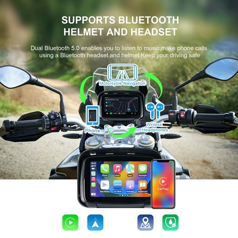 Ipx7 Motorfiets Waterdichte Displa 5 Inch Motorfiets Draadloze Apple Carplay Android Auto Draagbare Navigatie Scherm