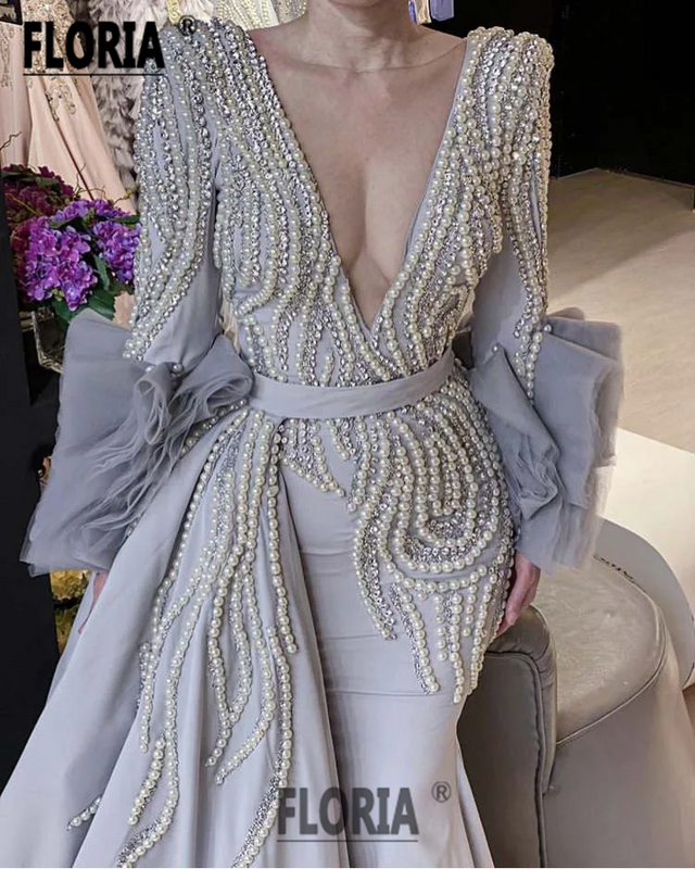 Gaun Malam Mutiara Manik-manik Mewah Vestidos De Noche dengan Rok V Leher Ruffle Putri Duyung Gaun Pesta Formal Gaun Dubai Arab