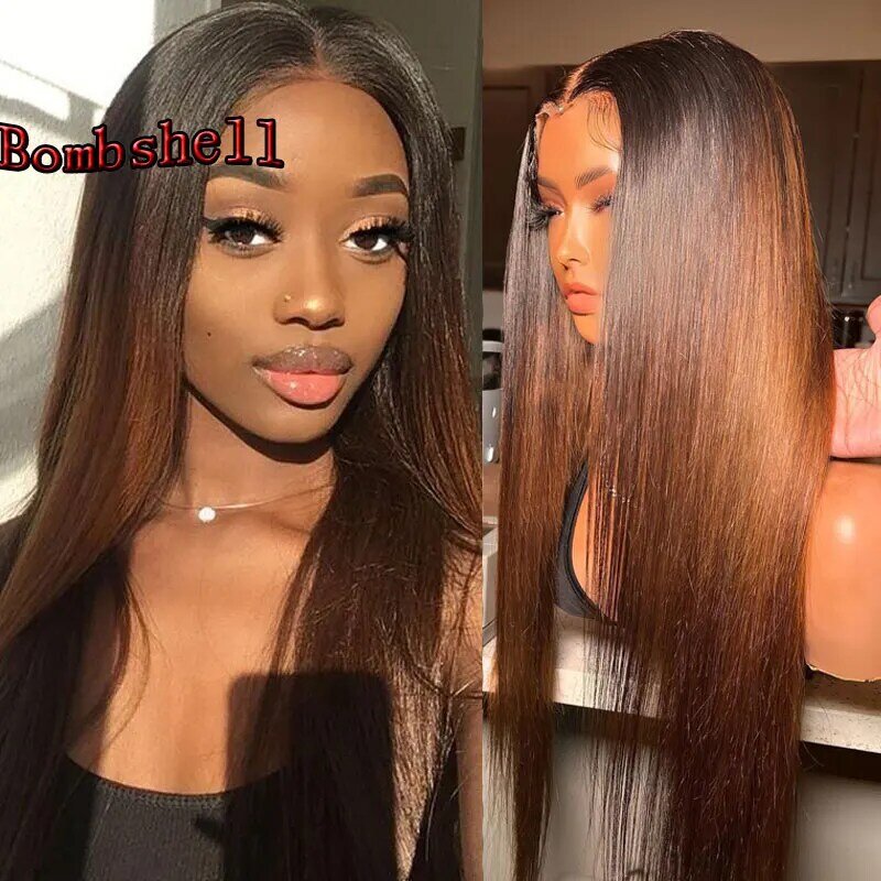 Black Ombre Dark Brown Long Straight Synthetic 13X4 Lace Front Wigs Glueless Heat Resistant Fiber Hair Middle Parting For Women