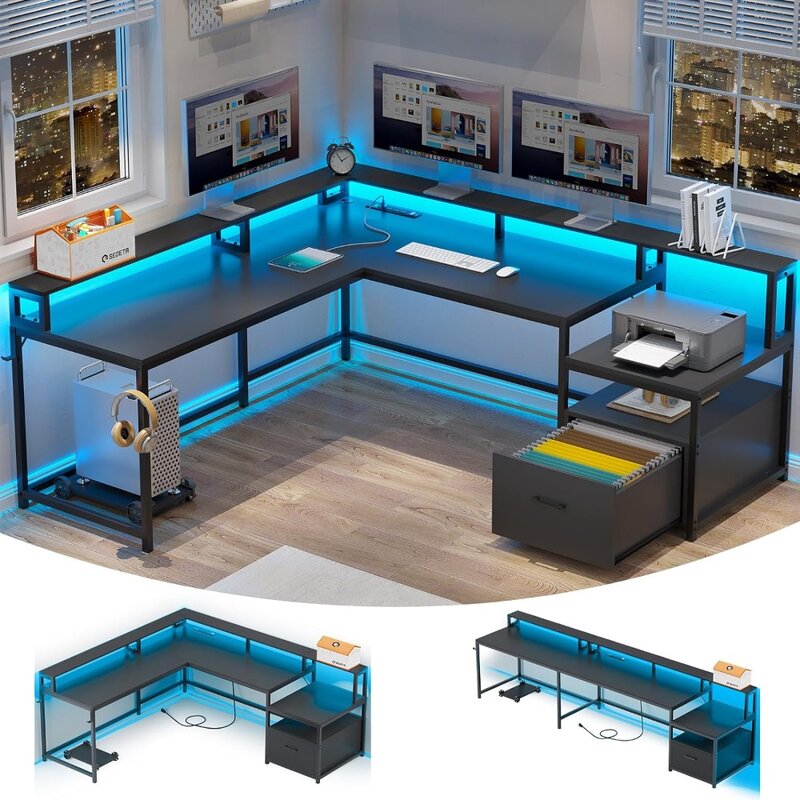 L geformter Spieltisch, 66 "Home-Office-Schreibtisch mit Akten schublade und Steckdose, Eck-Gaming-Computer tisch mit LED-Lichtern