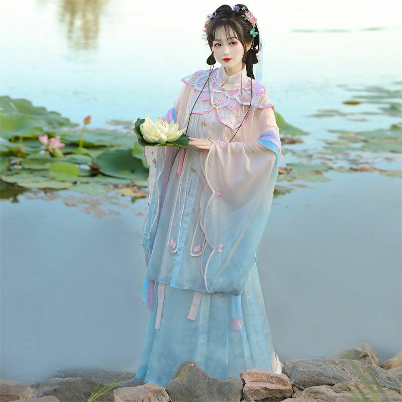 Set Gaun Hanfu Gaya Cina Kostum Peri Bordir Bunga Elegan Tradisional Wanita Pakaian Putri Dinasti Ming