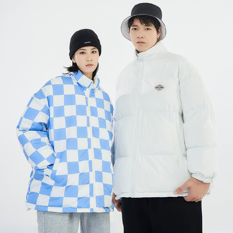 Jaquetas masculinas coreanas com gola, solto para dois, casaco xadrez de algodão xadrez, casal engrossado casaco de inverno, nova temporada, 2022