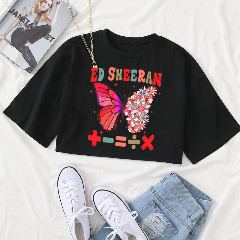 Ed Sheeran 나비 크롭 셔츠, 여성 소녀 패션 O-넥 반팔, 캐주얼 루즈 음악 팬 셔츠