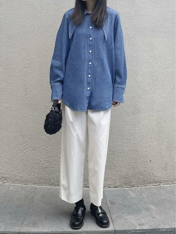 Traf, coleção primavera, camisa jeans feminina, moda estilista, ponta para um encaixe solto, camisa de algodão, 2024