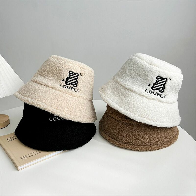 Topi Bucket lembut wanita, topi pelindung telinga beruang lucu, topi nelayan tebal, hangat, kasual