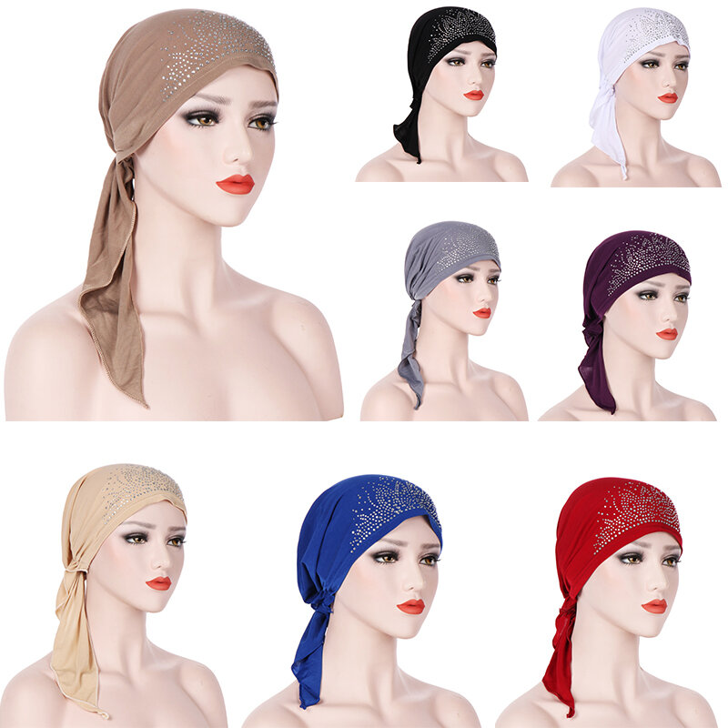 Fashion Monochrome Diamond Indian Hat Turban Hat Crystal Linen Curved Baotou Hat Back Hiding Hair Muslim Pullover