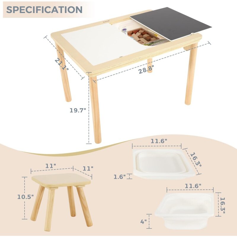 Sensory Table with 2 Chairs & 1 Roll Paper, Multifunction Wooden Sand and Water Table with Double-Side Board & 2 Foldabl