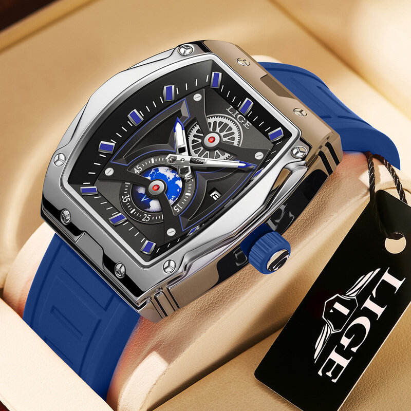LIGE Top Brand Men's Watches Luxury Square Quartz Wristwatch Waterproof Luminous Watch for Men Date Clock Relogios Masculino+Box