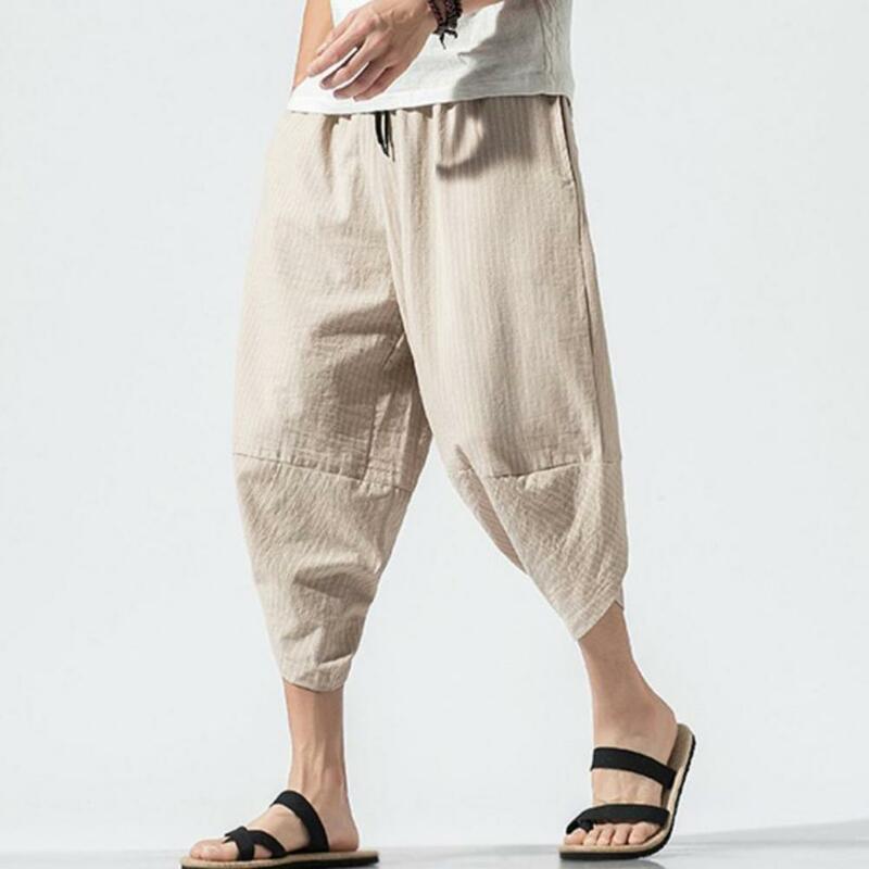 Loose Fit Harem Pants Men's Summer Cropped Pants with Elastic Drawstring Waist Vertical Striped Print Harem Pants for Streetwear
