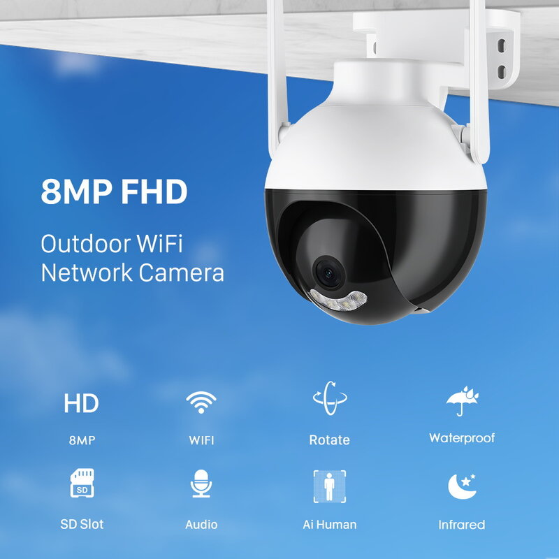 Câmera de Vigilância WiFi PTZ Inteligente, Zoom Digital 5x, Detecção Humana, Visão Nocturna, Câmera IP CCTV, Proteção de Segurança, ONVIF, 8MP, 4K