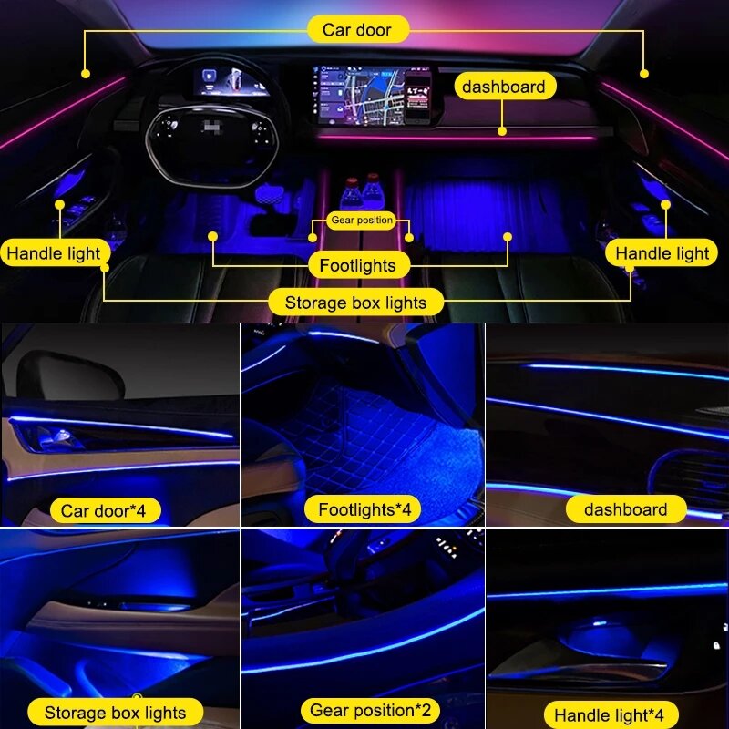 Lampu Interior mobil, 6 in1 18 in 1 LED cahaya suasana 64 warna RGB akrilik panduan dasbor pintu Neon Strip dekorasi lampu aplikasi