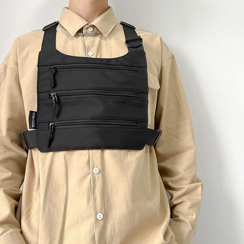 Hip Hop Streetwear Unisex Borst Pack Functionele Mannen Tactische Vest Borst Rig Zakken Met Metalen Ketting Mode Canvas Taille Verpakking mannelijke
