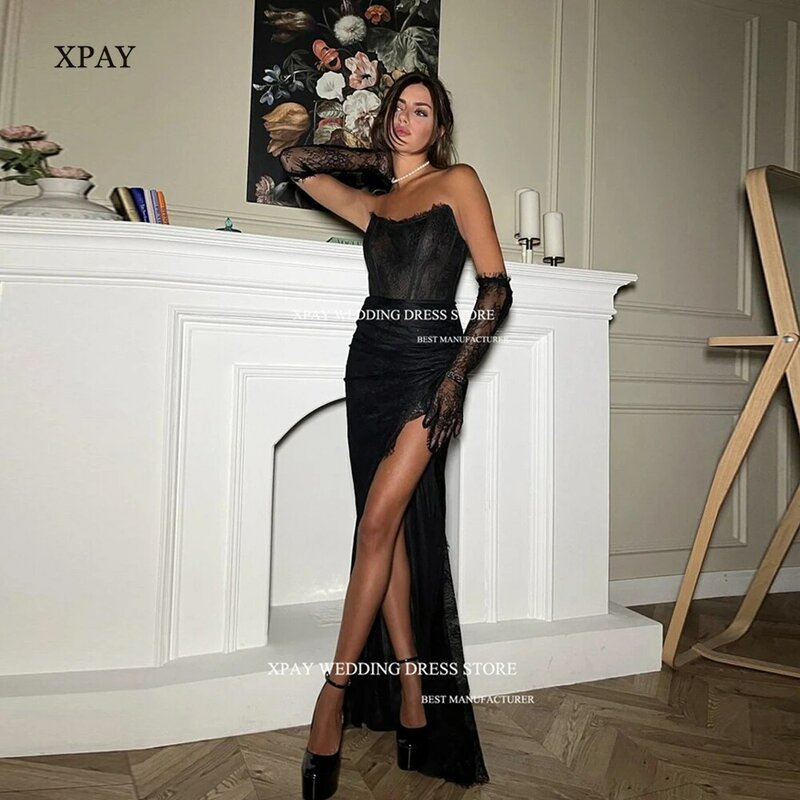 Xpay Nieuwe Sexy Zwarte Kanten Galajurk Strapless Aparte Halve Mouwen Dubai Arabia Vrouwen Avondjurken Cocktail Party Jurk