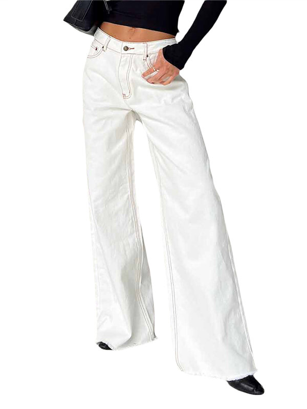 Джинсы женские с широкими штанинами, однотонные брюки из денима стрейч, повседневные свободные штаны для работы и офиса, уличная одежда, белые синие