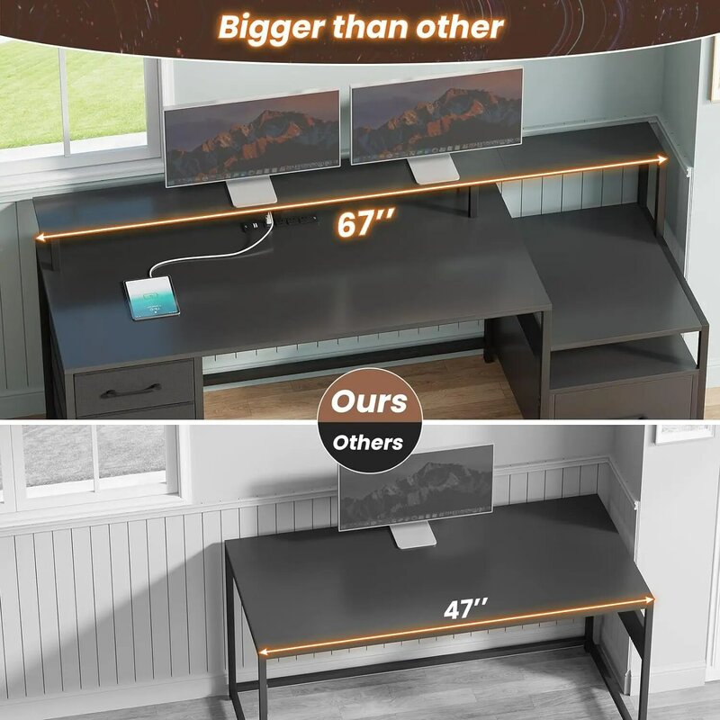 Компьютерный стол с 5 выдвижными ящиками, светодиодная подсветка, 66 дюймов, для дома и офиса, с ящиком для файлов, для хранения, полка для монитора, для игр