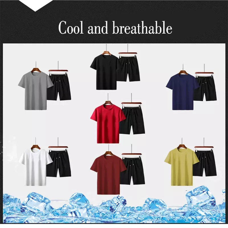 Fashion Men's Casual T-shirt Tops +Shorts Sets with Short Sleeve Harajuku Summer Male Quick Dry Solid Fitness Sports Tees