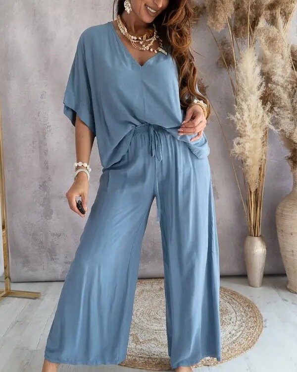 Summer Casual Loose Two Piece Set Women Fashion V-neck Pants Sets Women Elegant Batwing Sleeve Homewear Outfits 2 Piece Sets