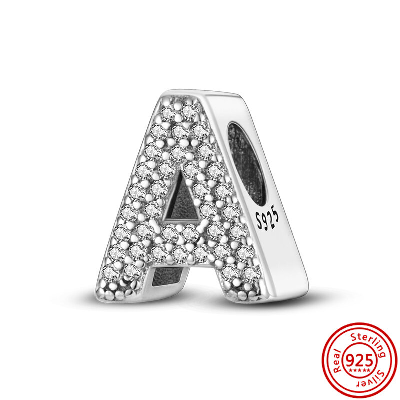 925 Sterling Silver huruf A-Z 26 alfabet Inggris Pavé manik-manik berkilau sesuai asli Pandora jimat gelang DIY membuat perhiasan