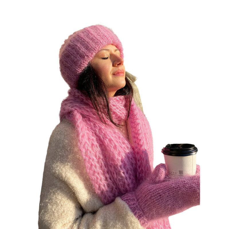 3 pz/set guanti sciarpa cappello lavorato a maglia da donna morbido caldo inverno tinta unita accessori moda per il freddo