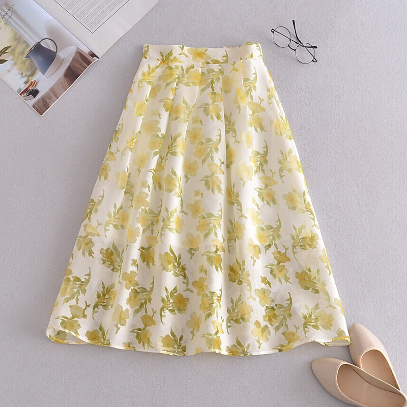 2022 Summer Vintage Women Floral Print A-Line Pleated Long Skirts Korean Skirt Streetwear Elastic High Waist Midi Skirt