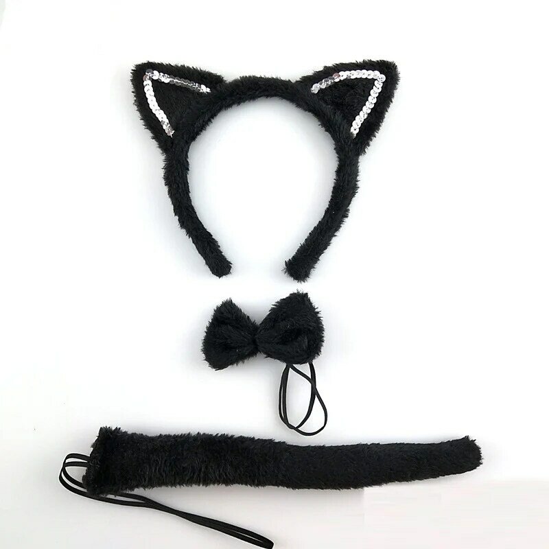 어린이 파티 블랙 화이트 고양이 귀 머리띠, 머리띠 장갑, 무대 댄스 의상 세트, 할로윈 코스튬 코스프레