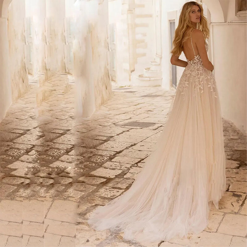 Vestido de noiva Spaghetti Strap A Line, Vestidos de casamento elegantes, Decote V, Apliques de folhas, Sem encosto, Vestido de noiva, 2024