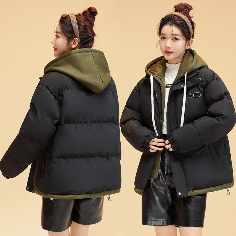 여성용 두꺼운 후드 면 패딩 재킷, 학생 가짜 투피스, 겨울 다운 패딩 재킷, 2023 신상
