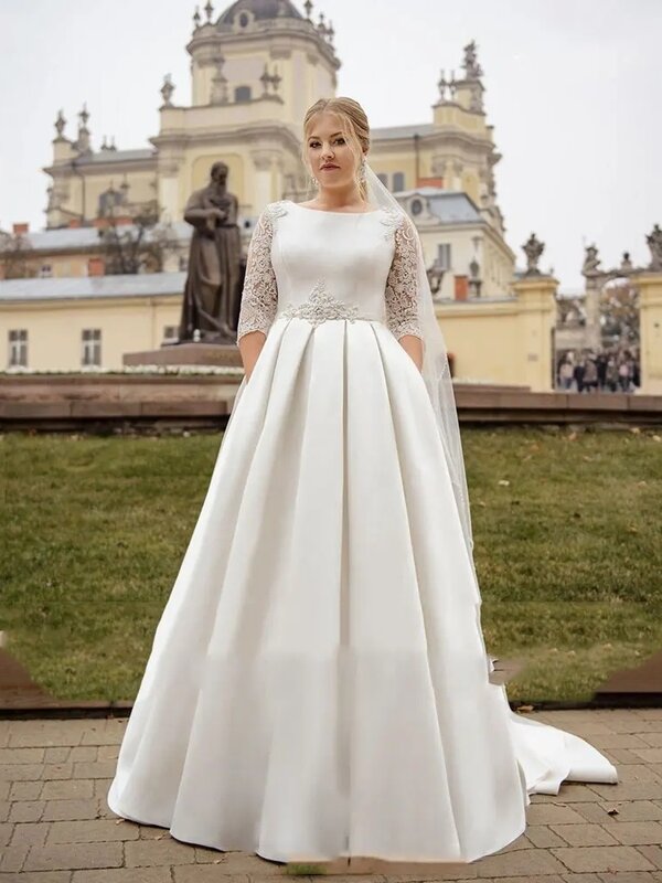 2024 proste satynowe suknie ślubne z okrągłym dekoltem klasyczne suknie ślubne z okrągłym dekoltem